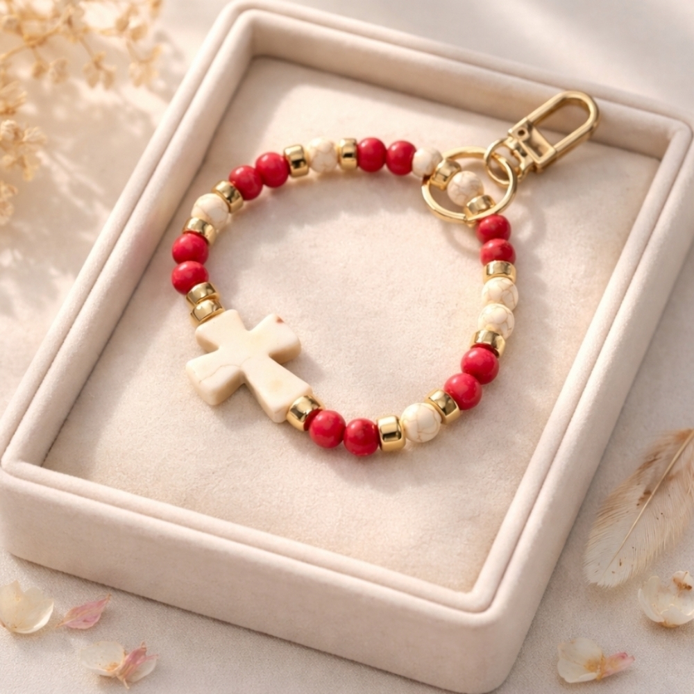 Red Wood Beads & Ivory Stone Beads Bracelet / Keychain